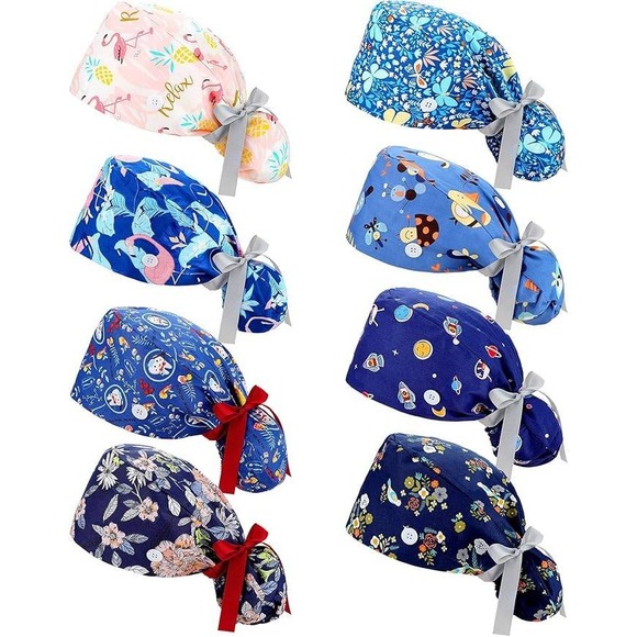 8 Scrub Hat Bouffant Ponytail Caps, Buttons Washable Reusable Cotton Prints - Picture 3 of 11